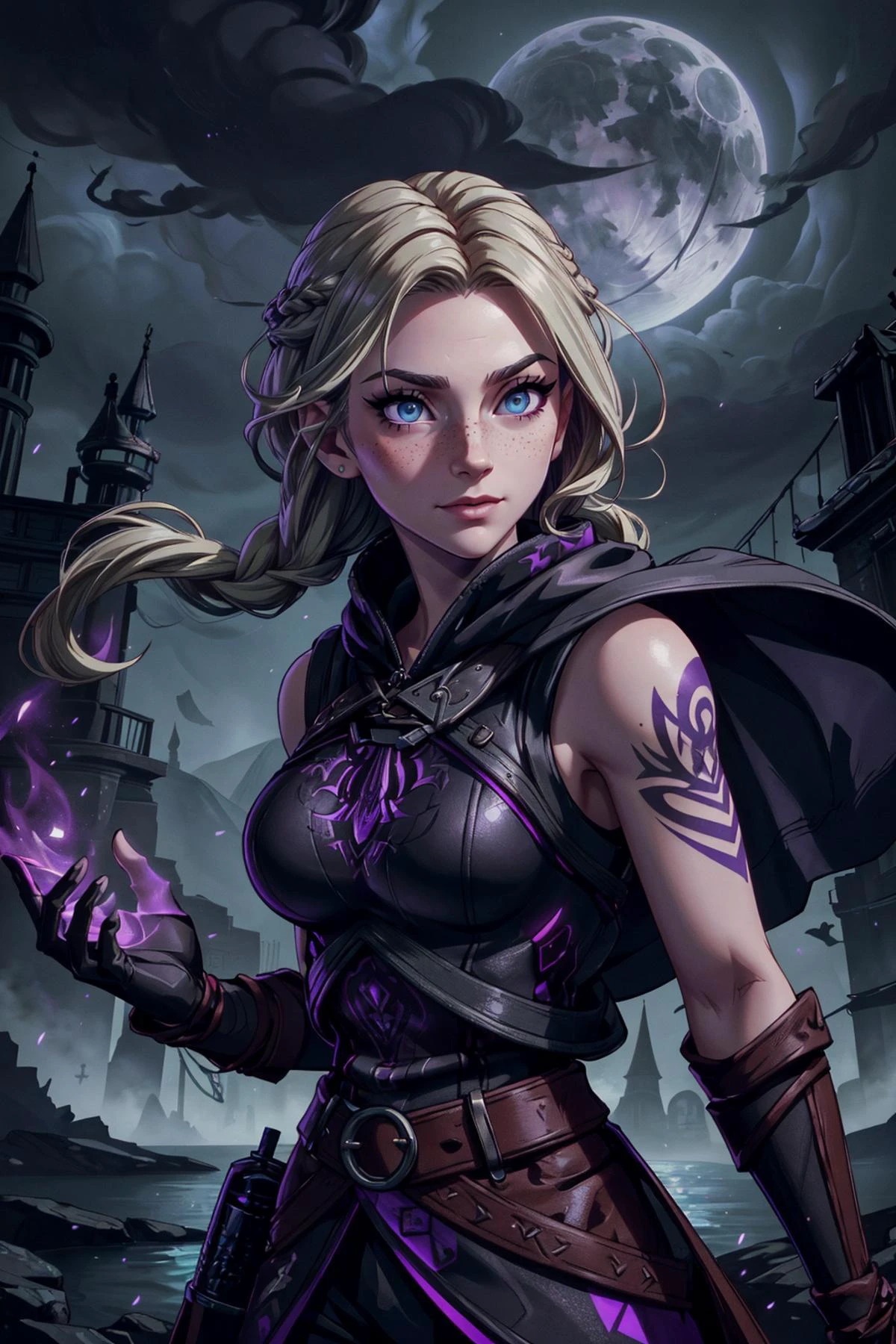 <lora:add_detail:0.75>, <lora:stylesqueeze_v1b:1.0>, <lora:anime3d:0.25>, <lora:sharpen-soften:-0.5>,
1 girl, adult russian woman, freckles, green eyes, light blonde fishtail braid,
Style-GravityMagic, solo, upper body, looking at viewer, detailed background, detailed face, (<lora:WorldofShadows:0.6>, purple and black, worldofshadows theme:1.1), focus on eyes, grinning, witcher, wearing black sleeveless witcher clothes, crude, bandages, billowing cloak belts, trinkets, witcher gear, engraved witcher symbol, glowing tattoos, flooded river crossing in background, moonlight, dust particles, wind blowing, magical aura, fantasy atmosphere,