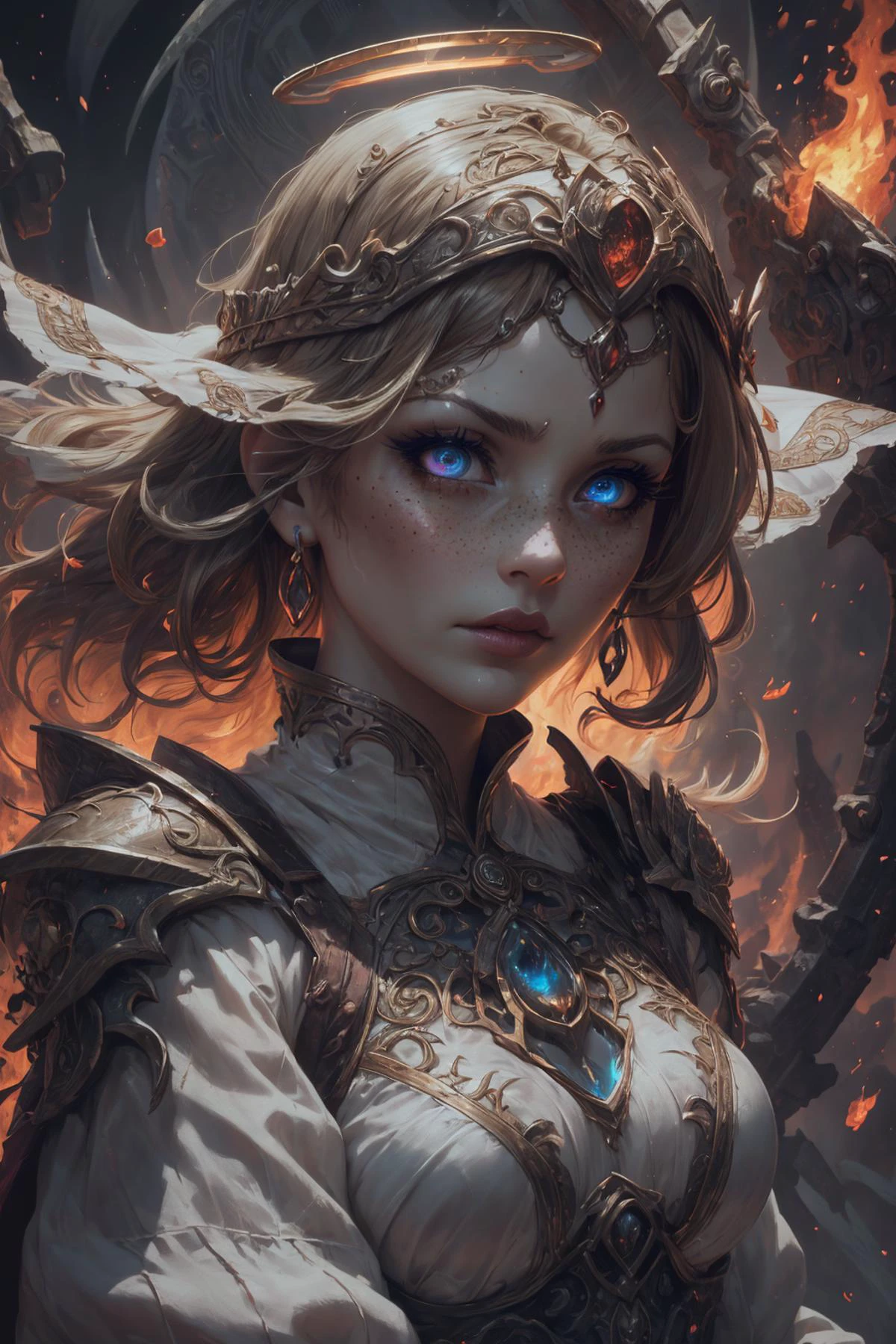 masterpiece, best quality, detailed, 4k, realistic, <lora:novel:0.3>, <lora:sharpen-soften:-0.4>, <lora:detail_slider_v4:0.8>,
<lora:GoodHands-beta2:0.8>,
1 girl, adult woman, freckles, blue eyes, light brown wavy hair, ombre,
Style-GravityMagic, portrait, looking at viewer, solo, upper body, detailed background, close up, shining (<lora:WorldofShadows:0.4>, shadow aura, worldofshadows theme:1.1), divine deity of war, stoic expression, simple iron circlet, fiery eyes, flames in background, <lora:Fire_VFX:0.2> armor, majestic divine atmosphere, bright light, holy aura, bloom, halo above head, divine light, white clothes, silver embroidery,filigree, relaxed composure, ray of light,