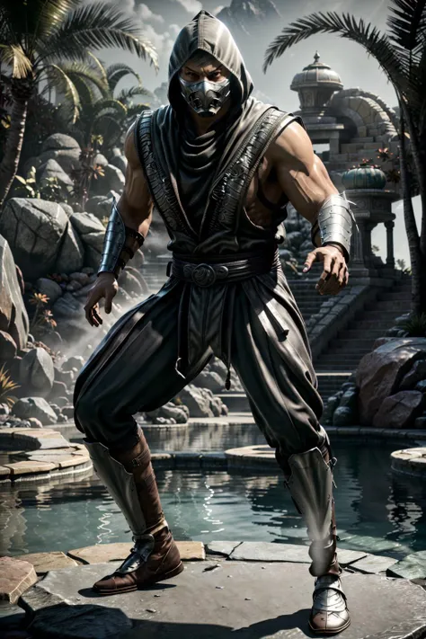 <lora:zxsmk_v1:1> zxsmk, masterpiece, best cinematic quality, photorealistic highly detailed 8k raw photo, volumetric lighting, volumetric shadows, man, armor, hood, dynamic pose, swimming pool background