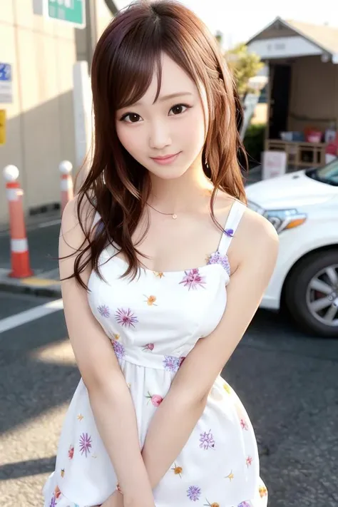 (skin blemish:1.2), (skindentation), black eye, 1woman, 25yo, (((woman))), solo, realistic, best quality, photorealistic, masterpiece, 8k, high res, solo, extremely detailed face, (professional lighting, bokeh), (light particles, lens flare, glowing particles:0.6), (dynamic pose:1.2), soft lighting, top angle view, fashionable and trendy atmosphere, japan, street, tokyo, harbour, skytree, tokyo tower, ((daytime)), sky, ((looking at the viewer:1)), (looking at the camera),(portrait:0.6), cowboy shot, gorgeous, standing, keep original facial proportion, wide shoulder, full body, (small breast), (medium hair), brown hair, floating hair, lips, lipstick, seductive smile, floating hair, smile, open_mouth, teeth, (flowery pattern summer dress:1), eyelashes, mole, (mole under eye:1), <lora:AV_yuzukiH:0.8>