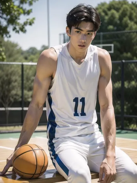 Facing the viewer ,Handsome male, male focus, topless , realistic, sitting on the bench,basketball playground,playing basketball,woods background 
, brown hair, white leggings