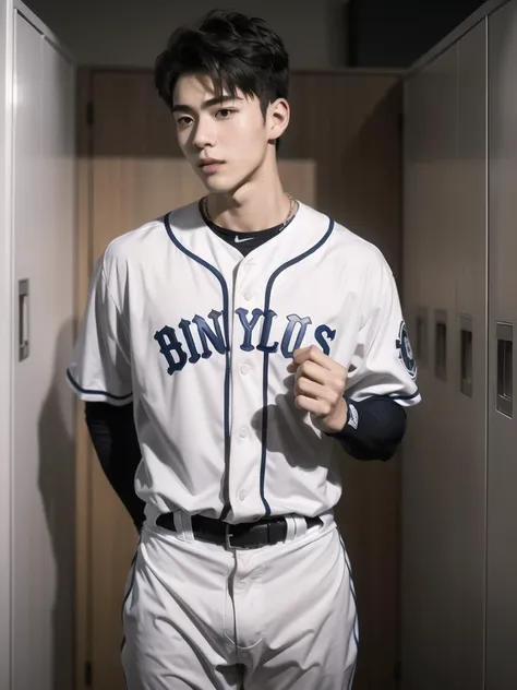 Masterpiece,high_res,best quality,1boy,handsome,male,20y.o,((very_short_hair)),baseball uniform,undressing,,in grey tone locker room ,Male focus