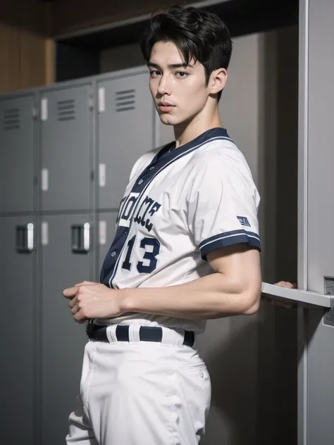 Masterpiece,high_res,best quality,1boy,handsome,male,20y.o,((very_short_hair)),baseball uniform,undressing,,in grey tone locker room ,Male focus
