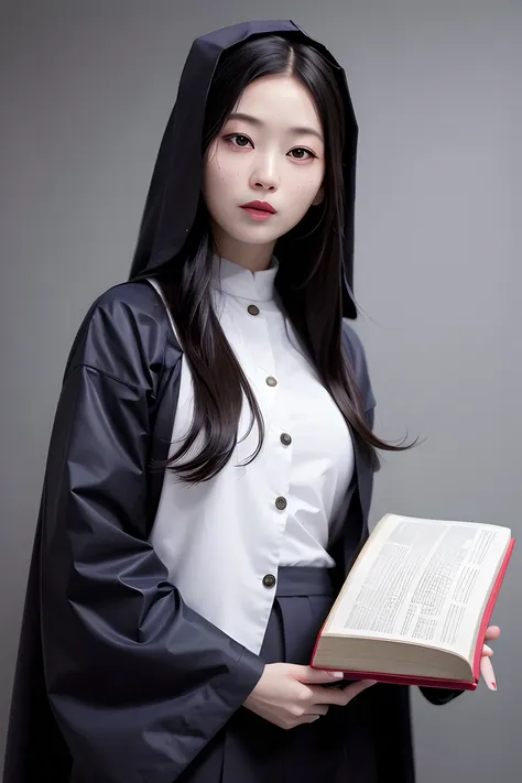 best quality, masterpiece, (photorealistic:1.4), 1 girl, korean girl, cute, wearing a nun suit, holding a magic book, religion, serenety, <lora:KoreaG-02:0.5>