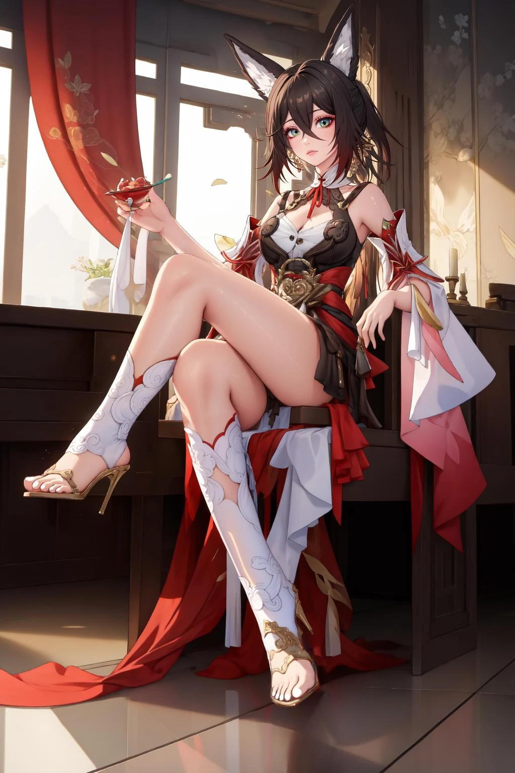 masterpiece, best quality, TingyunV4, 1girl, solo, looking at viewer, dress, cleavage, bare shoulders, sitting, high heels, crossed legs, <lora:TingyunV4-10:1>
