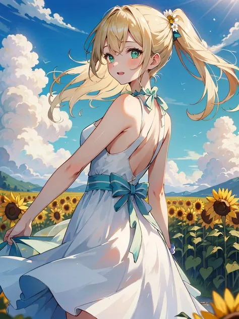 ((masterpiece)), ((best quality)), 8k, high detailed, ultra-detailed, illustration, bishoujo figure, colorful, 1girl, wearing a flowing summer dress, joyfully twirling in a field of blooming flowers, (sunflowers and daisies), (bright blue sky with fluffy white clouds), (blonde hair cascading down her back), (sparkling green eyes), (carefree expression), capturing the essence of youth and happiness,