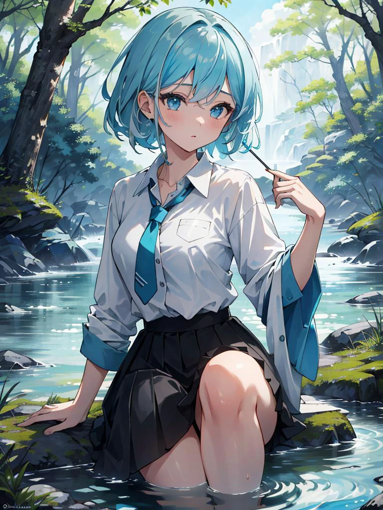 ((masterpiece)), ((best quality)), 8k, high detailed, ultra-detailed, detailed and intricate, 1girl, blue and white hair, shirt, river, forest, vibrant color,