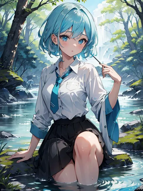 ((masterpiece)), ((best quality)), 8k, high detailed, ultra-detailed, detailed and intricate, 1girl, blue and white hair, shirt, river, forest, vibrant color,