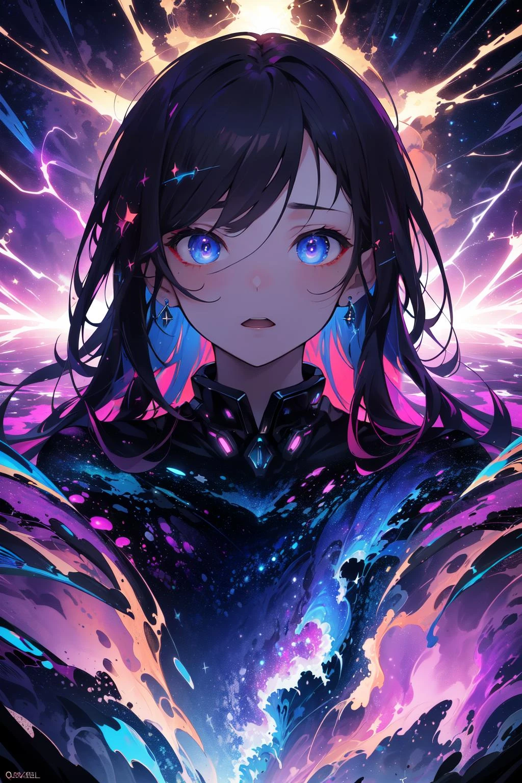 ((masterpiece)), ((best quality)), 8k, high detailed, ultra-detailed, intricate detail, Digital art, surrealism, portrait, (1boy:1.2), (cosmic:1.1), (explosive:1.3), A boy with galaxies swirling in his eyes, standing amidst a cosmic explosion of colors and shapes, (radiating energy:1.2), (fractal patterns:1.1), (glitch effect:1.3), His expression a mix of wonder and exhilaration, as if he's the embodiment of the universe's creative force, Quixel Megascans Render, capturing the mind-bending and explosive beauty of the cosmos.