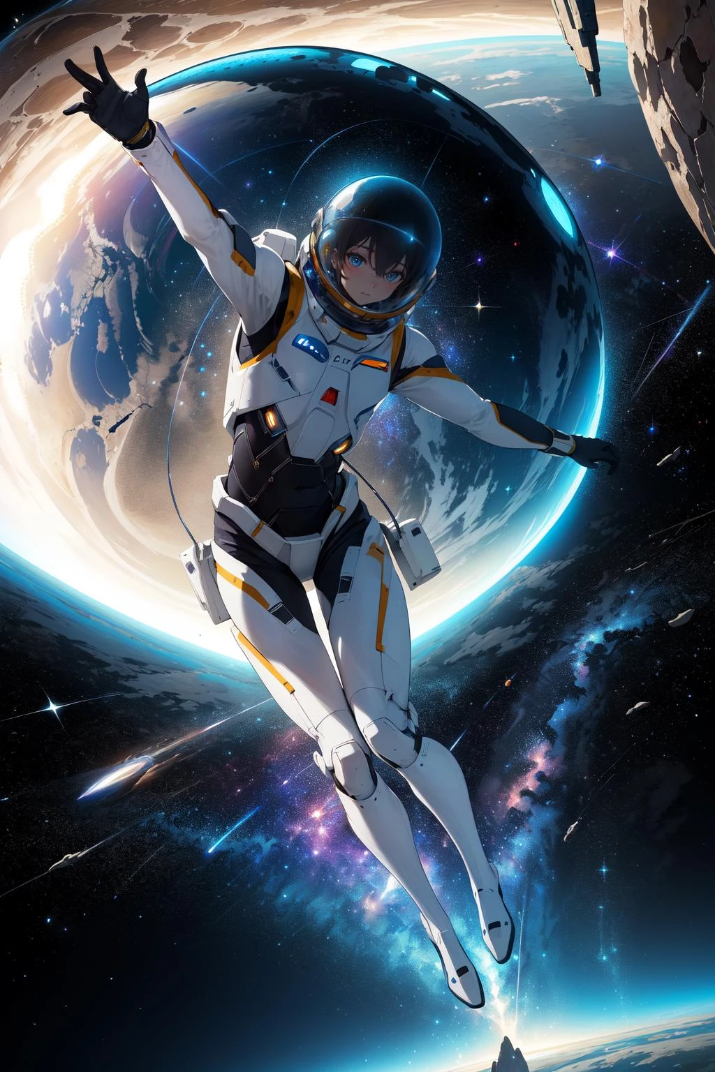 ((masterpiece)), ((best quality)), 8k, high detailed, ultra-detailed, intricate detail, Digital art, science fiction, (space exploration:1.2), (alien encounter:1.1), In a futuristic spaceship, intrepid astronauts embark on a perilous journey to explore a distant galaxy, (cosmic wonders:1.2), (extraterrestrial landscapes:1.1), Their mission leads to an unexpected encounter with an advanced alien civilization, (interstellar diplomacy:1.2), (mankind's first contact:1.1), The artwork captures the awe-inspiring beauty and complexity of the cosmos, (cosmic marvels:1.2), (intergalactic mysteries:1.1), as well as the challenges and possibilities of interstellar exploration.