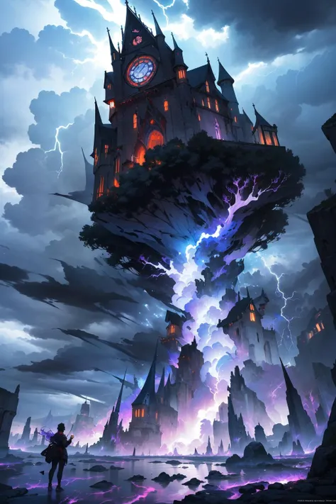 ((masterpiece)),((best quality)),8k,high detailed,ultra-detailed,intricate detail,Digital art,surrealism,fantasy,Gothic architecture,a lone figure suspended mid-air amidst floating islands,surrounded by swirling storm clouds,illuminated by ethereal lightning,dramatic and electrifying,vibrant shades of purple and turquoise,dynamic composition,Maxon Cinema 4D rendering,capturing the electrifying tension of a stormy realm,