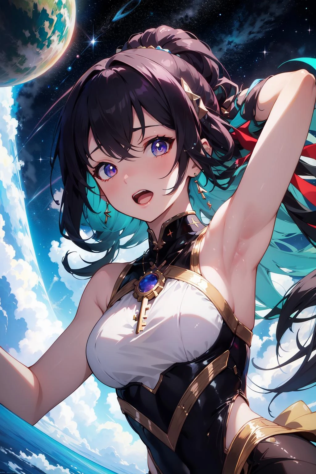 ((masterpiece)),((best quality)),8k,high detailed,ultra-detailed,intricate detail,Digital art,upperbody of an abyss girl,open mouth,fantasy,cosmic,Celestial Confluence,a cosmic convergence of celestial bodies,planets,and galaxies in a vibrant and surreal dance,Maxon Cinema 4D rendering,. anime style,key visual,vibrant,studio anime,highly detailed,