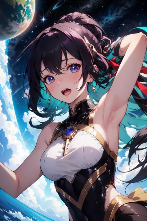 masterpiece, detailed, high quality, absurdres, scurtain, mouth veil, 1girl, solo, black hair, bob cut, grey eyes, mole under eye, large breasts, curvy, wide hips,
BREAK see-through, navel, midriff, stomach, detached sleeves, jewelry, bracelet, anklet, detached collar, gold trim,
BREAK wariza,
BREAK simple background,