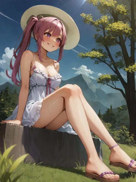 SLE, mksks style, detailed background absurdres, highres, solo, 1girl, pink hair, long hair, bangs, ponytail, purple eyes, medium breasts, sun hat, white dress, spaghetti strap, frilled dress, frills cleavage, sleeveless, bare legs, sandals, toeless footwear, full body, sitting, on grass, smile, blush, looking away, valley, grass, mountains, blue sky, clouds, sunlight, outdoors, from below