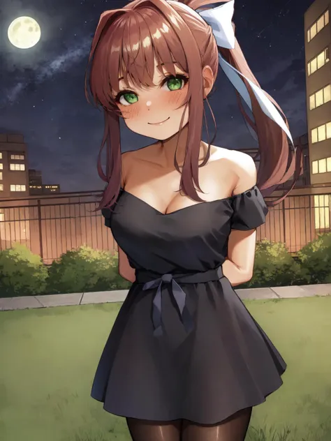 SLE, mksks style, detailed background absurdres, highres, solo, 1girl, monika, green eyes, brown hair, very long hair, ponytail, hair ribbon, white ribbon, black dress, off-shoulder dress, bare shoulders, cleavage, short sleeves, pantyhose, standing, arms behind back, seductive smile, blush, looking at viewer, cowboy shot, building, fence, skyline, night, starry sky, star \(sky\), full moon, outdoors
