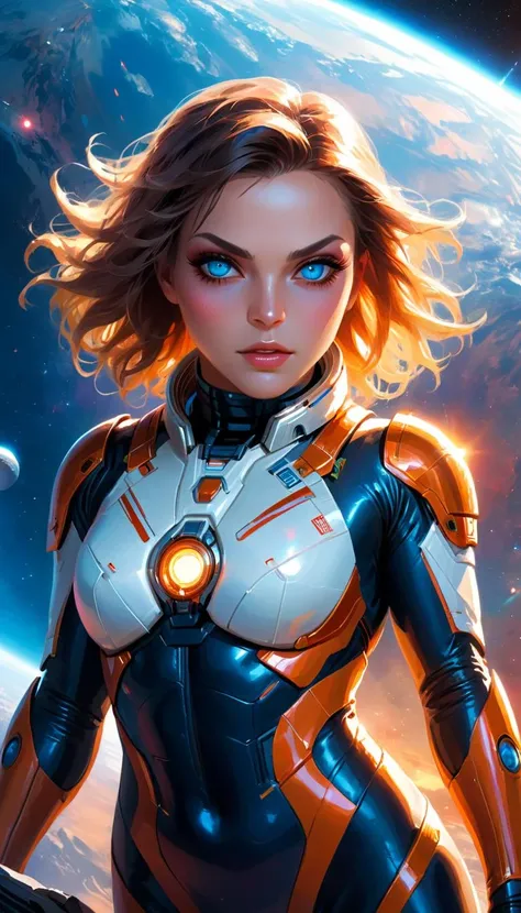 space woman standing on the edge of horizon looking at the view and viewer, sci fi art style of the masters,