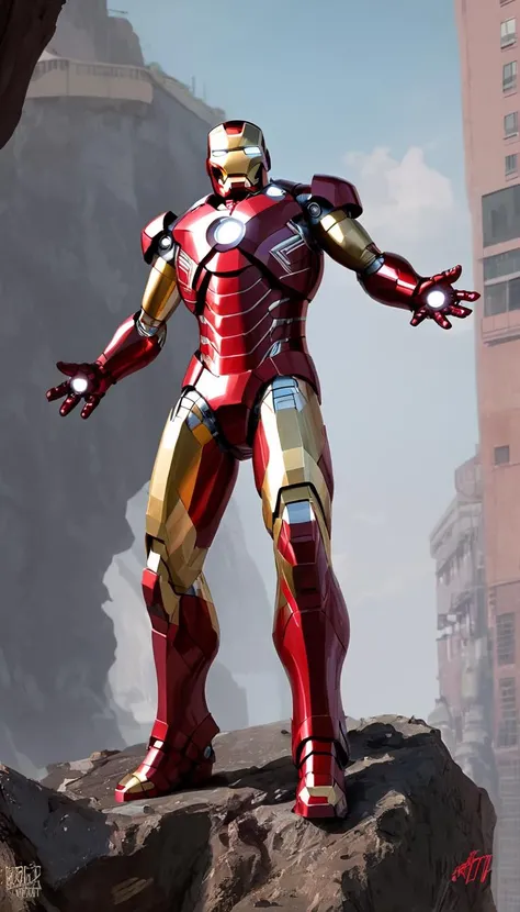 Iron Man, scenery, detailed background, masterpiece, best quality, high quality, absurdres, Toni Infante <lora:toni_infante_xl_v3:1>