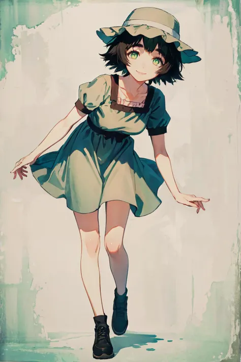 <lyco:unagedown_V20:-2.5> mayuri shiina, (black hair:1.5), (green eyes:1.5), messy hair, short hair, hat, blue hat,
(best quality, masterpiece, RAW photo,ultra-detailed:1.2), <lyco:GoodHands-beta2:1.0>,1girl,solo,looking at viewer,smile,
<lyco:mayuritest:1.0> full body,