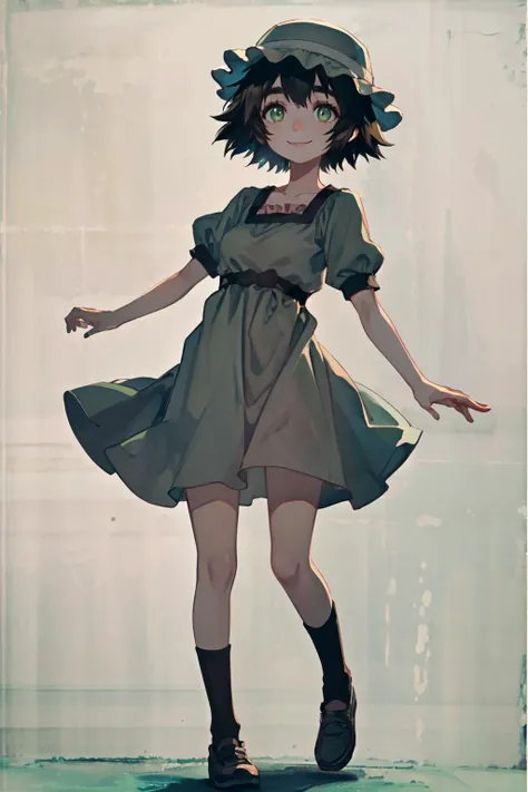 <lyco:unagedown_V20:-6> mayuri shiina, (black hair:1.5), (green eyes:1.5), messy hair, short hair, hat, blue hat,
(best quality, masterpiece, RAW photo,ultra-detailed:1.2), <lyco:GoodHands-beta2:1.0>,1girl,solo,looking at viewer,smile,
<lyco:mayuritest:1.0> full body,