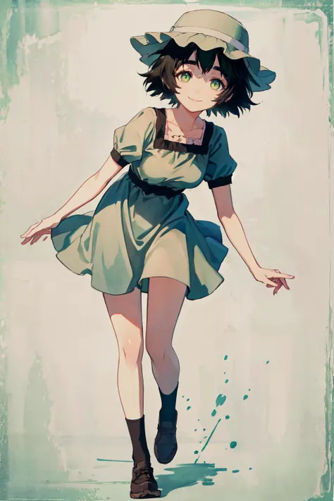 <lyco:unagedown_V20:-3> mayuri shiina, (black hair:1.5), (green eyes:1.5), messy hair, short hair, hat, blue hat,
(best quality, masterpiece, RAW photo,ultra-detailed:1.2), <lyco:GoodHands-beta2:1.0>,1girl,solo,looking at viewer,smile,
<lyco:mayuritest:1.0> full body,