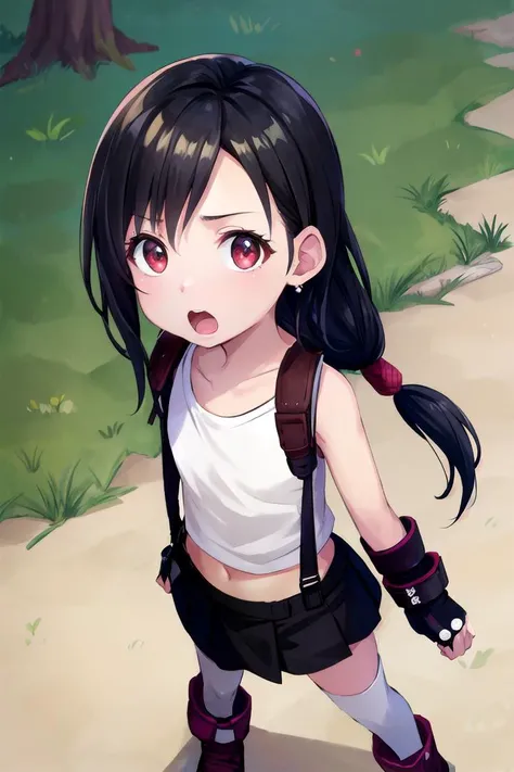 1girl, solo, (8k, highres, best quality, masterpiece:1.1), (full body:1.2), (from above:1.2), looking up, looking at viewer,
an illustration of a girl,
<lora:unagedown_V20:-1.5> age regression, suddenly turned into small child, ( oversized clothes:1.1),
(surprised:1.1), standing, fighting stance, at gardens, outdoors, detailed background,
BREAK
<lora:flat2:-0.3>
<lyco:ffvii_tifalockhart-10:0.9>tifadef, low-tied long hair, black hair, red eyes, straight hair, white tank top, suspender skirt, thighhighs, fingerless gloves, elbow pads, jewelry, earrings, midriff