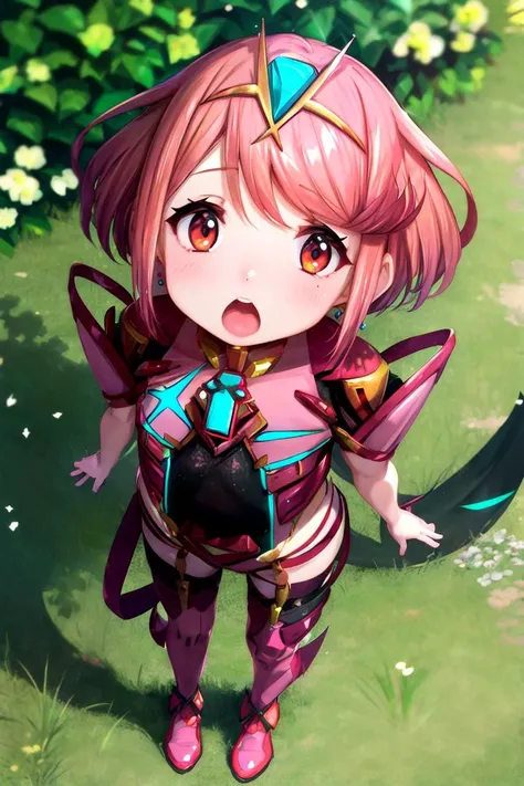 1girl, solo, (8k, highres, best quality, masterpiece:1.1), (full body:1.2), (from above:1.2), looking up, looking at viewer,
an illustration of a girl,
<lora:unagedown_V20:-1.5> age regression, suddenly turned into child, ( oversized clothes:1.1),
(surprised:1.1), standing, at gardens, outdoors, detailed background,
BREAK
<lora:flat2:-0.5>
<lyco:Pyra Outfit:1> py, 1girl, pyra \(xenoblade\), solo, red hair, red eyes, short hair, thighhighs, tiara, jewelry, glossy outfit,