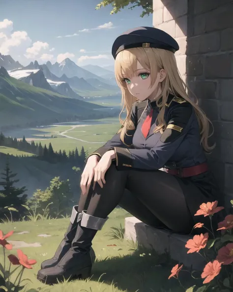best quality, (masterpiece:1.2), illustration, absurdres,
(1girl, solo), (beautiful detailed girl),
<lora:Mireille-08:0.8>, Mireille, blond hair, long hair, green eyes, medium breasts,
military uniform, black beret, grey shirt, black skirt, grey leggings, boots, red sash, red necktie,
magical forest, flowers, distant mountains, sky, clouds,
hands between legs,
friendly