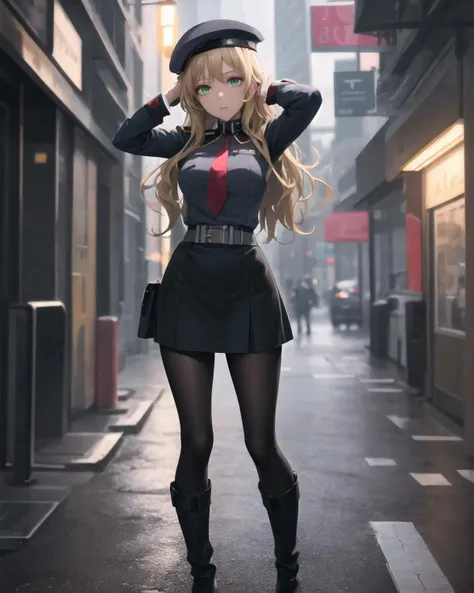 best quality, (masterpiece:1.2), illustration, absurdres,
(1girl, solo), (beautiful detailed girl),
<lora:Mireille-08:0.8>, Mireille, blond hair, long hair, green eyes, medium breasts,
military uniform, black beret, grey shirt, black skirt, grey leggings, boots, red sash, red necktie,
city street, modern city, neon lights, night, (cyberpunk:0.8),,
arms up,
cynical