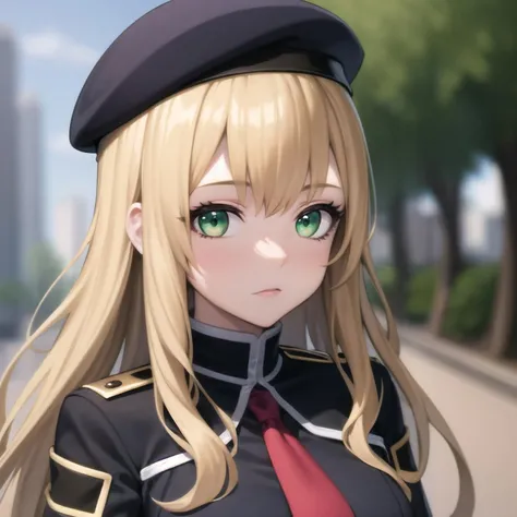 best quality, (masterpiece:1.2), illustration, absurdres,
(1girl, solo), (beautiful detailed girl), ((portrait, upper body)),
<lora:Mireille-08:0.8>, Mireille, blond hair, long hair, green eyes, medium breasts,
military uniform, black beret, grey shirt, red necktie,
park, city, tall buildings, street, tree, sky, clouds, day,, ((blurry background, depth of field))
looking at viewer,
