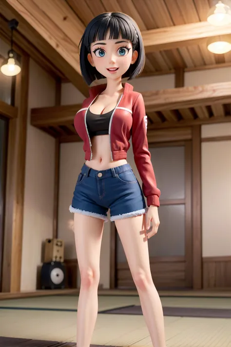 5uguh4, 1girl, solo, (realistic:0.5), masterpiece, solo, (best quality, perfect detailed, beautifully detailed face, detailed eyes), glistening shiny, ray tracing, DOF, HDR, gradient eyes, sharp eyelashes, ((eyelashes)), mascara, detail_face, eyelashes, shiny hair, flirting, seductive smile, parted lips, large breasts, cleavage, navel, (soft particles floating:1.1), ((looking at viewer)), (playmate pose:1.1), (full body:1.1), ((8k wallpaper)), ((highres)), (high heels:1.5), shorts, kirigaya suguha, black hair, short hair, jacket, open clothes, open jacket, short shorts, shirt, smile, looking at viewer, track jacket, collarbone, open mouth, black eyes, midriff, standing, (red jacket:1.2), black shirt, blurry, blue shorts, depth of field, bangs, long sleeves, (dojo:1.3), (japanes house:1.3), (japanese temple:1.1)