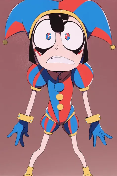 cartoon, 1girl, pomni, blush stickers, clown clothes, standing, upper body, arms on side, looking at viewer, solo, expressionless, circus, red curtains, stage curtains, (detailed, highres:1.4) <lora:Character_The.Amazing.Digital.Circus_Pomni:0.95>