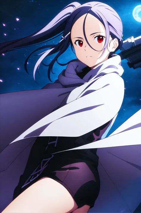 (masterpiece, best quality:1.16), red eyes, cowboyshot, long pony tail, up ponytail,black short,white cape, thigh, cute,night
 <lora:mitol:0.8>