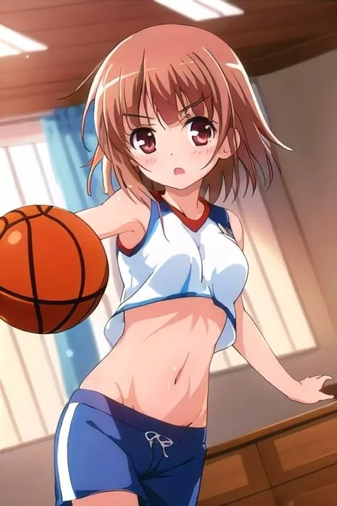 (1girl), masterpiece, best quality, absurdres, cute, extremely detailed face, perfect lighting, (bedroom), kashii airi, short hair, brown hair, basketball uniform, shorts, jumping, navel, gym, <lora:kashii_airi:0.8>,