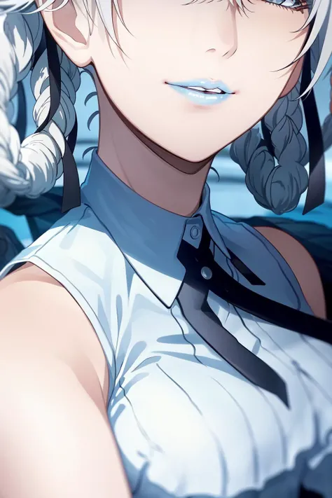 1girl, white hair, breast focus, dress, close-up, (head out of frame:1.5), medium breasts, lips, on back, parted lips, sleeveless, solo, kirari, <lyco:Kirari-000002:0.7>,