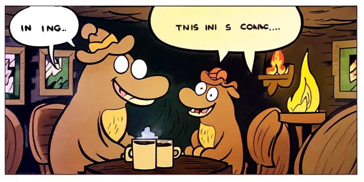 masterpiece , bestquality ,civitdog,open_mouth, hat, sitting, comic, speech_bubble, english_text, cup,table, fire, dog, top_hat, mug, 2koma, coffee, coffee_mug,<lora:civitdog-000007:1>