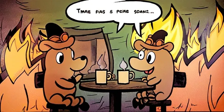 masterpiece , bestquality ,civitdog,open_mouth, hat, sitting, comic, speech_bubble, english_text, cup,table, fire, dog, top_hat, mug, 2koma, coffee, coffee_mug,<lora:civitdog-000007:1>
