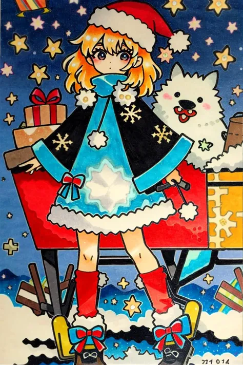 <lora:Garouma-10:1>, Garouma, 1girl, snow, winter, sleigh, santa hat, traditional media,, masterpiece, best quality,