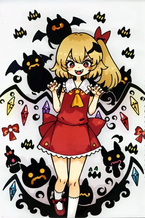 <lora:Garouma-10:1>, Garouma, 1girl, ((flandre scarlet)), smile, fang, claw pose, v-shaped eyebrows, halloween, candy, ghost, jack-o'-lantern,, masterpiece, best quality,
