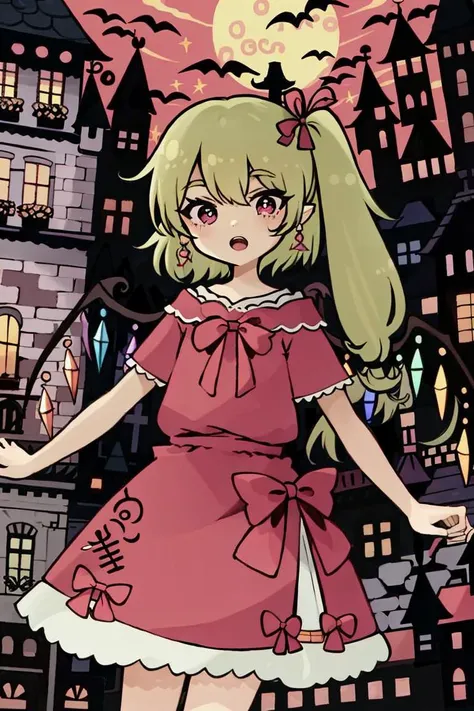 <lora:Garouma (10):0.8>, Garouma, 1girl, flandre scarlet, night, moon, castle, masterpiece, best quality,