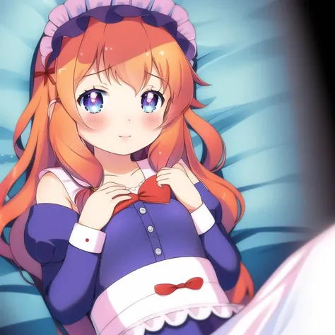 <lora:Samneco_Style_2:1>, samneco, 1girl, solo focus, blush, flat chest, blue eyes, (heart-shaped pupils:1.2), small breasts, bed, bedroom, orange hair, portrait, maid costume