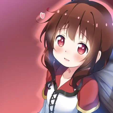 <lora:Samneco_Style_2:1>, samneco, 1girl, solo focus, blush, flat chest, red eyes, (heart-shaped pupils:1.2), small breasts, bed, bedroom, brown hair, portrait, megumin