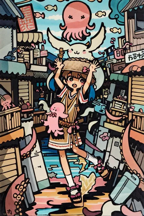 <lyco:Garouma (10):1>, Garouma, 1girl, octopus, palm tree, water, seal \(animal\),  traditional media,, masterpiece, best quality,