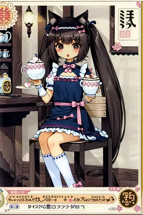 <lora:Garouma-10:1>, Garouma, 1girl,   <lora:chocolaNekopara_10:1> chocola_neko, cafe, coffee cup, holding, masterpiece, best quality,