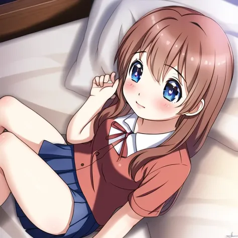 <lora:Samneco_Style_3:1>, samneco, 1girl, solo focus, blush, blue eyes, (heart-shaped pupils:1.2), bed, bedroom, brown hair, blue school uniform, red school skirt, long hair