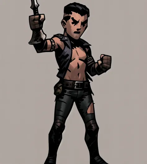 masterpiece, best quality, 1boy, rogue, leather clothes, torn clothes, dagger, full body, sketch, darkest dungeon, solid gray background <lora:DarkestDungeon_hard:1>