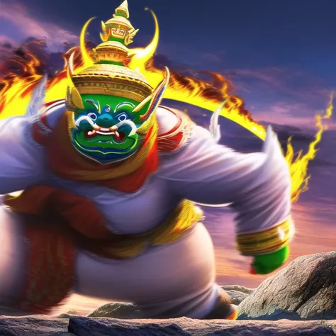 (masterpiece, best quality:1.2), dynamic light, ultra detail, miniature, mid shot, full body, looking at viewer,
(Tossakan titan:1.4), fang, solo, (running, attack:1.2), (very fat body:1.4), obese, powerful pose, from below, from behind,
fire splashing, long exposure, rock, ocean, mountain, volcano, cloud,
<lora:tossakanThaiTossakan_tossakanTitan:1.3>