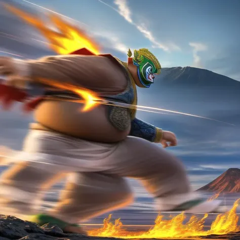 (masterpiece, best quality:1.2), dynamic light, ultra detail, miniature, mid shot, full body, looking at viewer,
(Tossakan titan:1.4), fang, solo, running, (attack:1.2), (very fat body:1.4), obese, powerful pose, from below, from behind,
fire splashing, long exposure, rock, ocean, mountain, volcano, cloud,
<lora:tossakanThaiTossakan_tossakanTitan:1.3>