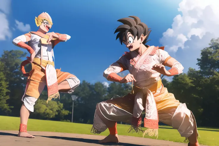 (masterpiece, best quality, high quality:1.2), full body, mid shot,
2boys (khonhnm_titan:1.4) fighting with (goku_dragonball) on the cloud, blue sky in background, light rays,
AND 2boys (khonhnm_titan:1.4), fang, (powerful pose:1.4), attack,
AND 2boys (goku_dragonball), wear khonhnm clothes, attack,
<lora:thaiKhonHanuman_v10:1>,