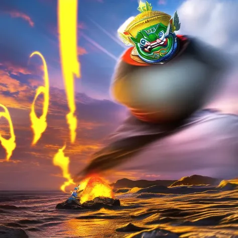 (masterpiece, best quality:1.2), dynamic light, ultra detail, miniature, mid shot, full body, looking at viewer,
(Tossakan titan:1.4), fang, solo, (running, attack:1.2), (very fat body, obese:1.4), powerful pose, from above, wading,
fire splashing, long exposure, rock, ocean, mountain, volcano, cloud,
<lora:tossakanThaiTossakan_tossakanTitan:1.3>