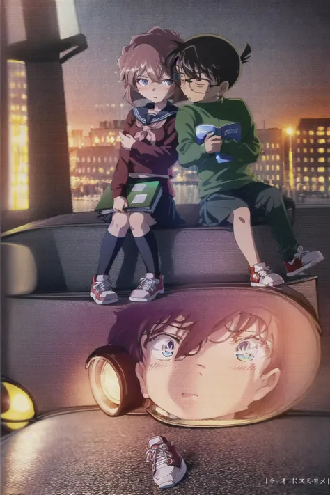 masterpiece, best quality,outdoors,1girl, 1boy, school uniform, brown hair, hetero, blue eyes, serafuku, skirt, book, closed eyes, shoes, couple, blush, heart, socks, kiss, short hair, pleated skirt, sitting, kissing cheek, gakuran, open book, pants, sneakers, long sleeves, kneehighs, glasses, neckerchief, blue skirt, black pants, red neckerchief, full body, polka dot, sailor collar, holding, shirt, black serafuku, miniskirt <lora:conanXHaibaraIn1PicX_v10:1>